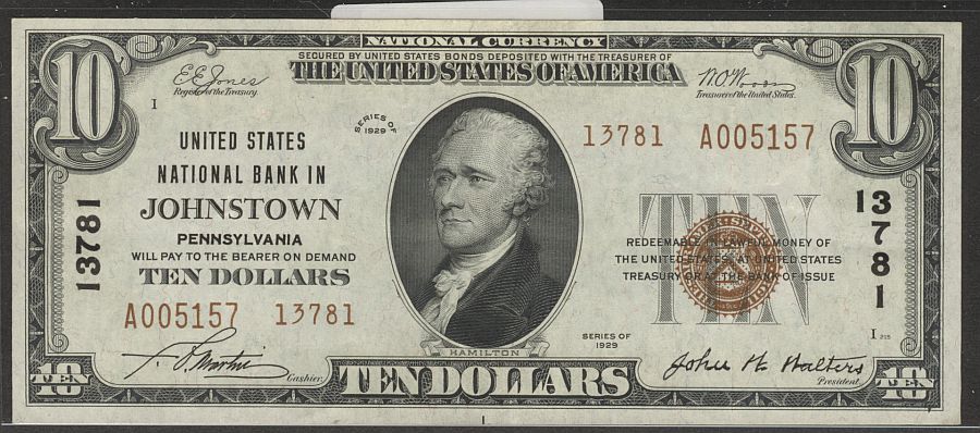 Johnstown, PA, Ch.#13781, 1929T2 $10, United States National Bank, XF/AU, A005157